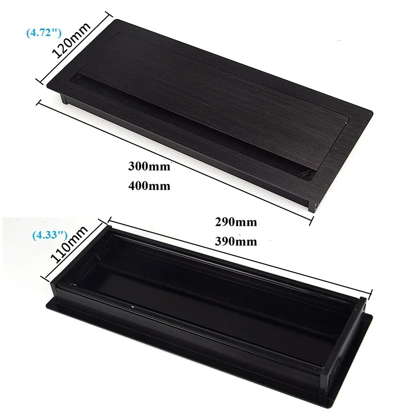 1Pc Brushed Silver Black Rectangular Aluminum Top Cable Grommet Cover Soft Close