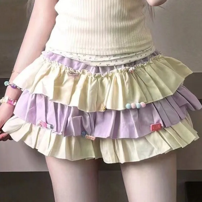 Japanese Sweet Patchwork Cake Mini Skirt Women Elastic High Waist Fluffy A-line Skirts Summer Vintage Kawaii Y2k Faldas