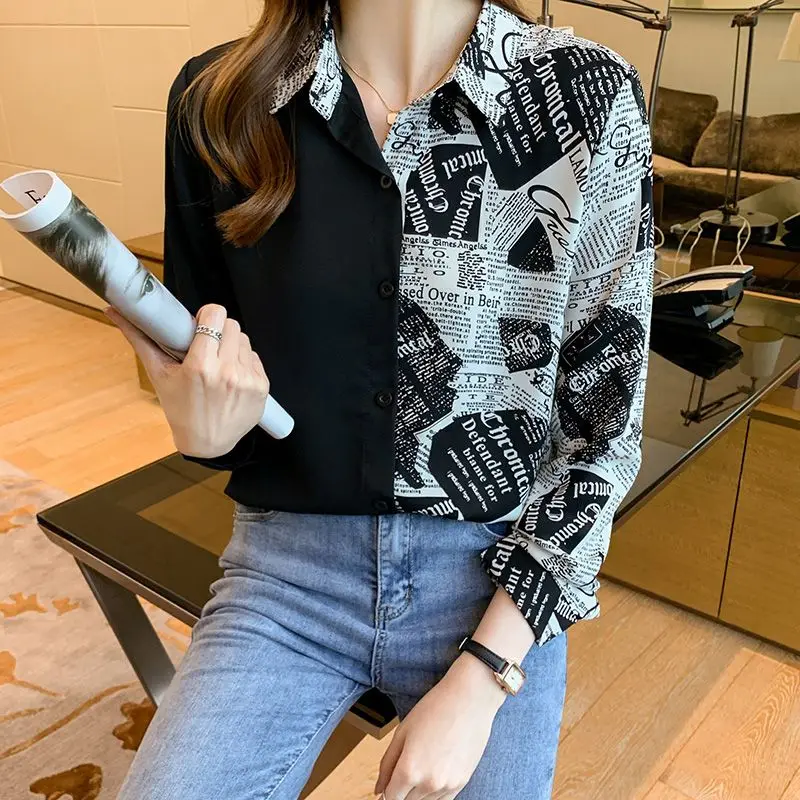 Patchwork Long Sleeve Print Blouse Spring Autumn New Polo Neck Letter All-match Elegant Shirt Tops Fashion Casual Women Clothing