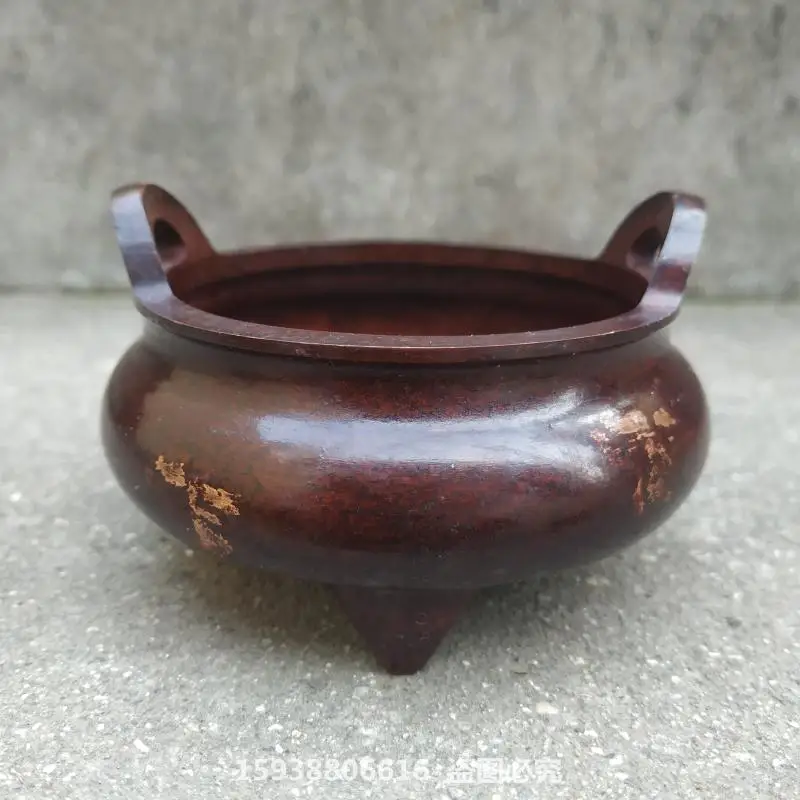 antique ware collection vintage gold point craft red leather three-legged Xuande furnace line incense burner Copper