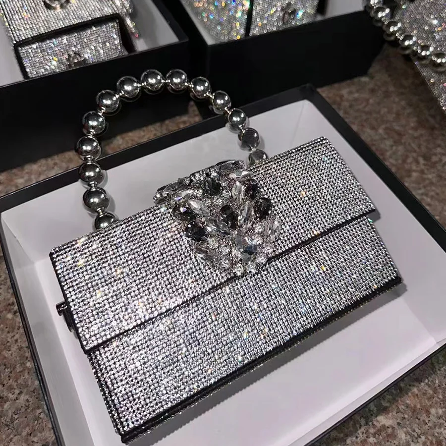 Luxury Diamond Square Box Women Handbag Crystal Shiny Rhinestone Evening Bag Party Clutch Bead Shoulder Strap Crossbody Bag Sac