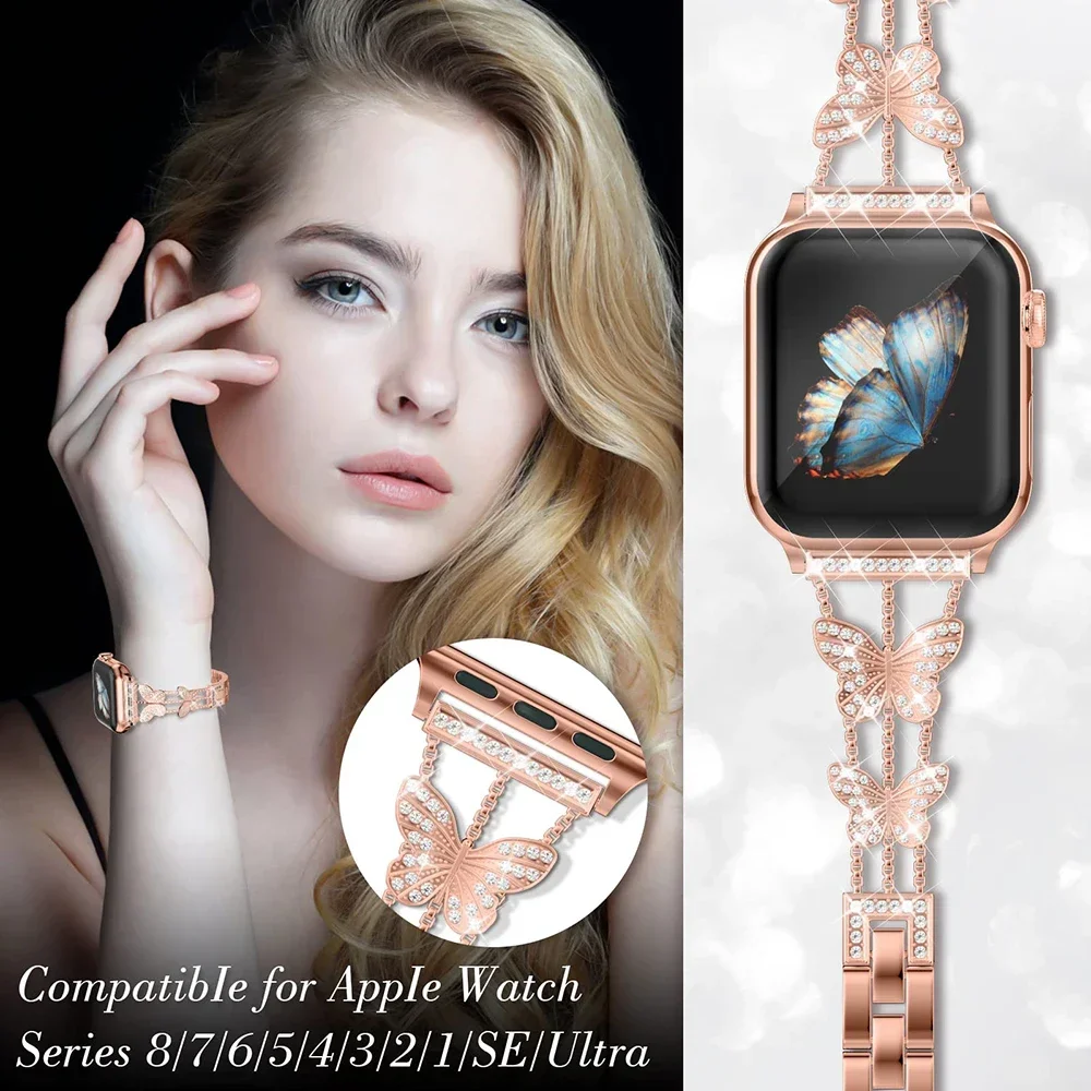 Diamond Butterfly for Apple Watch Band 40mm 44mm 42mm 49mm 45mm 46mm Metal Bracelet IWatch Series 10 9 8 7 6 3 4 5 Ultra 2 Strap