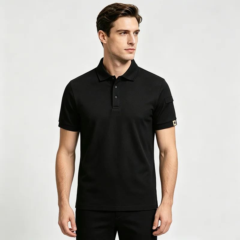 Short Sleeve Polo Shirt Hidden Arm Pocket Button Placket Solid Color Camisas Lapel Collar Slim Fit Tactical Tops Men Clothing