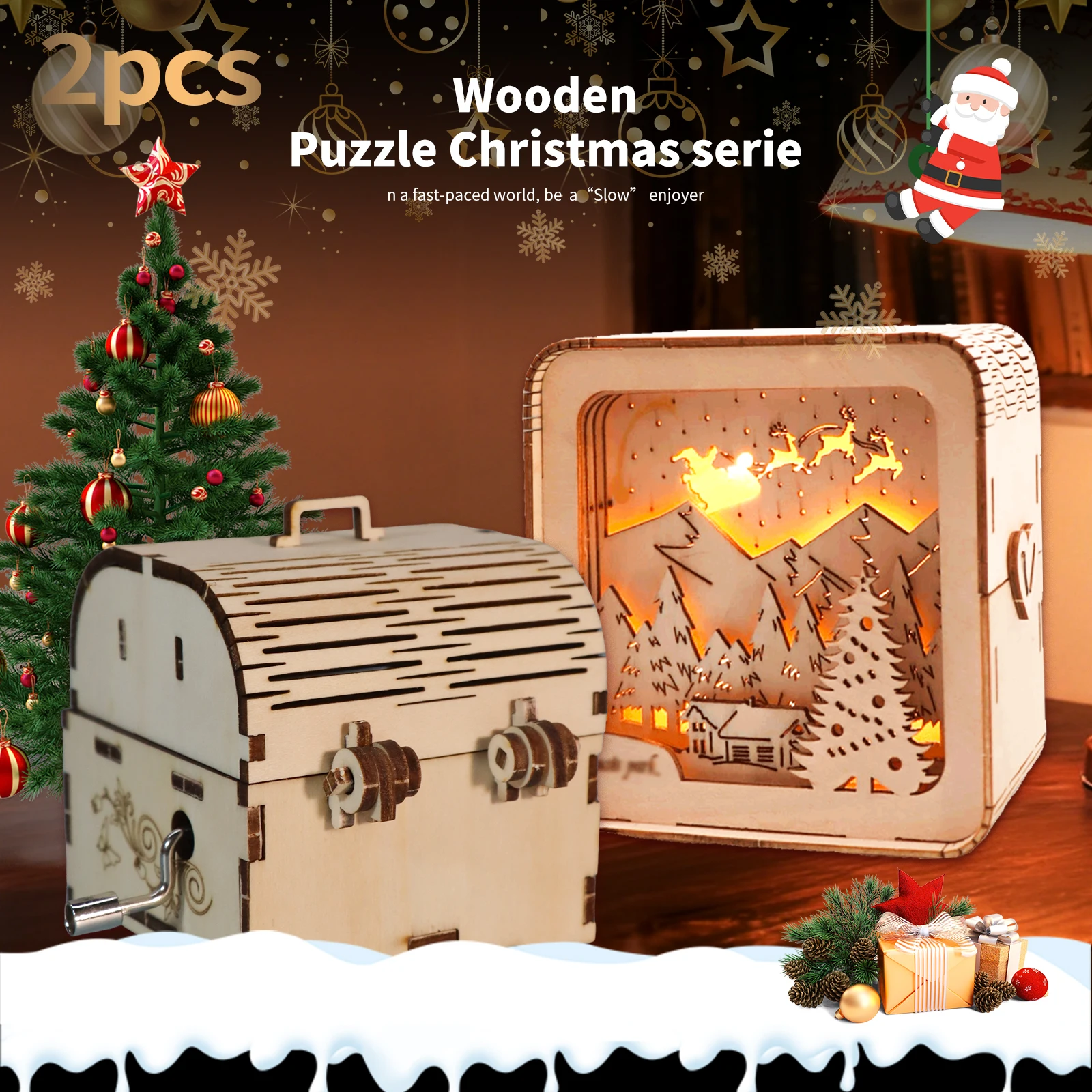 

2 шт. 3D деревянные пазлы с Рождеством, комплект моделей, ночные огни и музыкальная шкатулка с сокровищами, украшения для стола, подарки на день рождения, Рождество