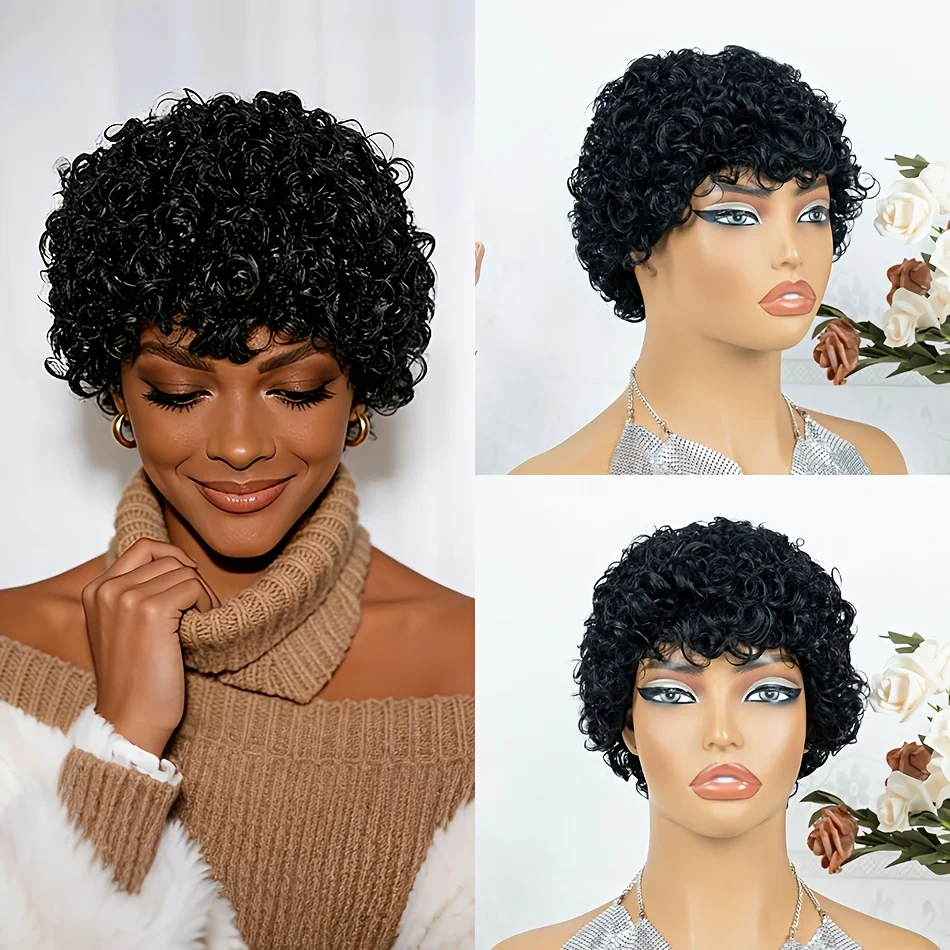 Brazilian Remy Human Hair Wig Curly Pixie Cut Wig Full Machine-Made Wig with Elastic Base Natural Look Design for Skin Tones &