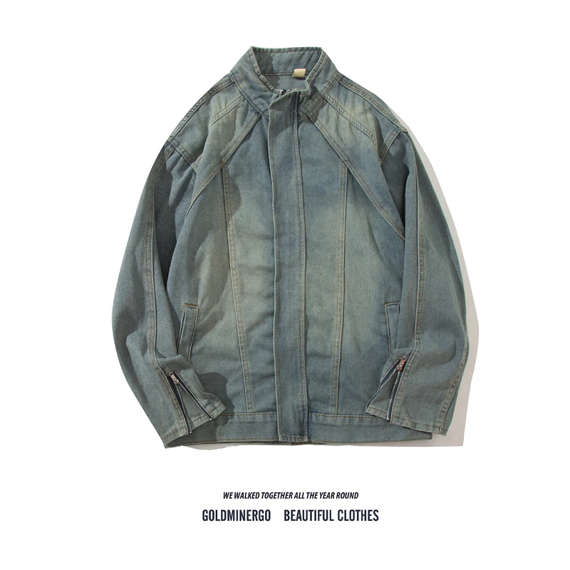 

Retro Japanese Sle Loose Fit Casual Waed Denim Jaet Men's Trendy Brand Design Sense Splice Outerwear Stand Collar