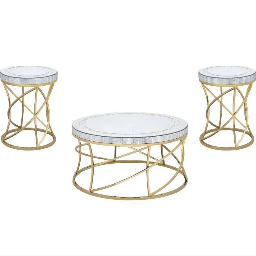 Luxury round mirror coffee table Diamond-encrusted glass gold stainless steel base Living room modern light luxury small