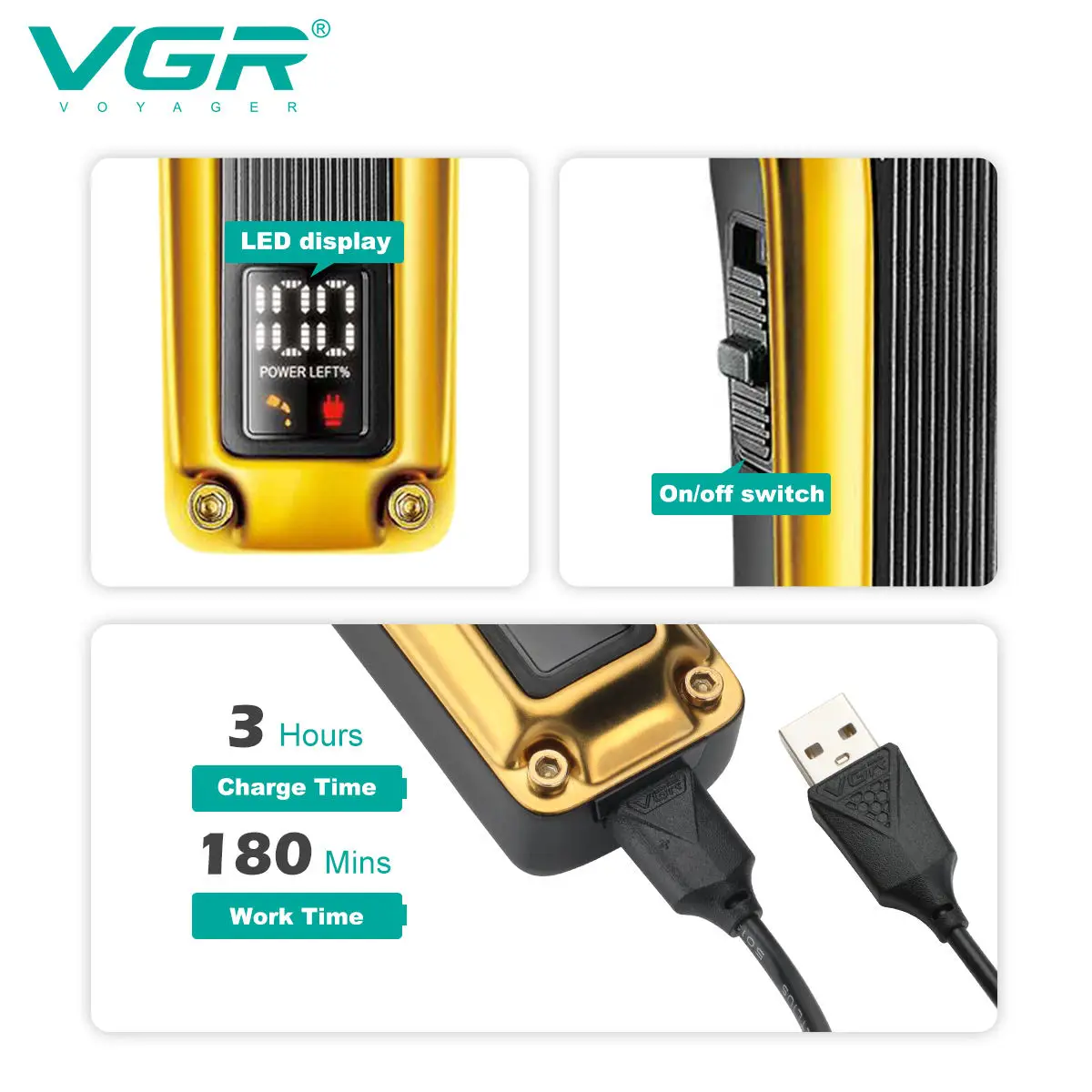 VGR 137 ماكينة تشذيب الشعر الاحترافية LED شاشة ديجيتال DLC شفرة الحلاق المعدنية القابلة لإعادة الشحن وقابلة للتعديل للرجال