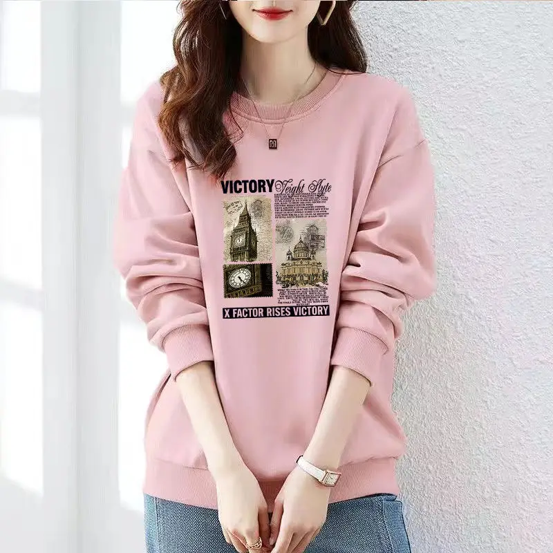 Women\'s Thick Round Neck Solid Color Hoodies Autumn Winter New Korean Loose Long Sleeve Printed Building Pullover Casual Tops