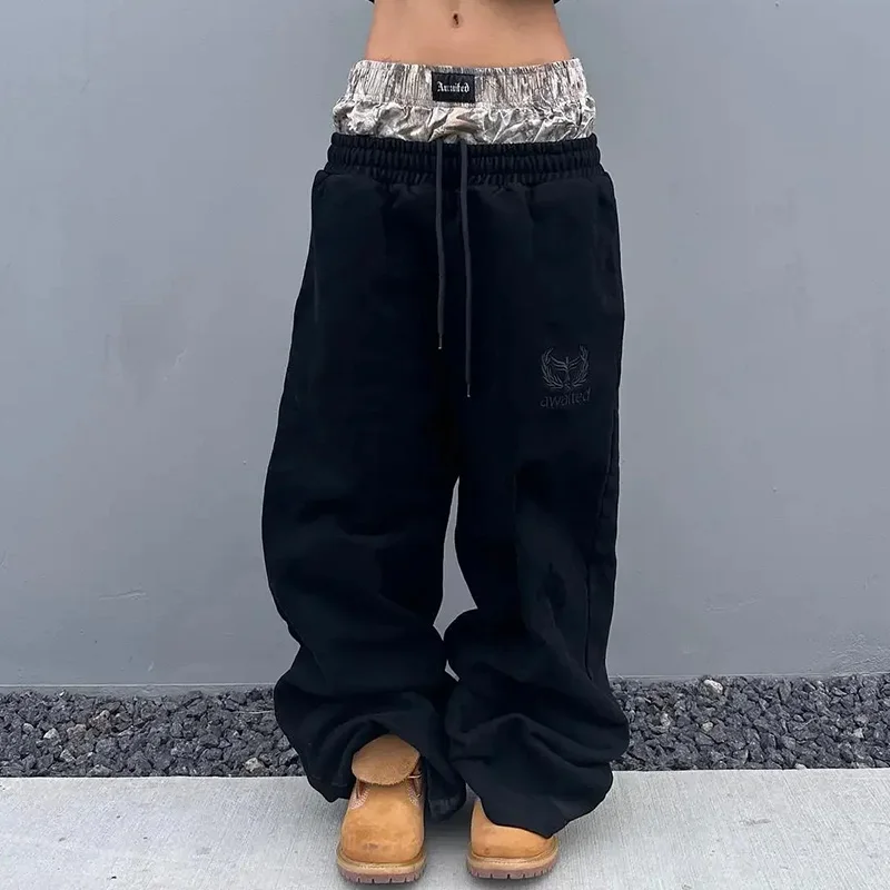 Y2K Jogginghose Doppelte Taille Design Gesticktes Tarnmuster Hip-Hop-Hose mit weitem Bein Lässige Streetwear-Hose mit elastischem Bund