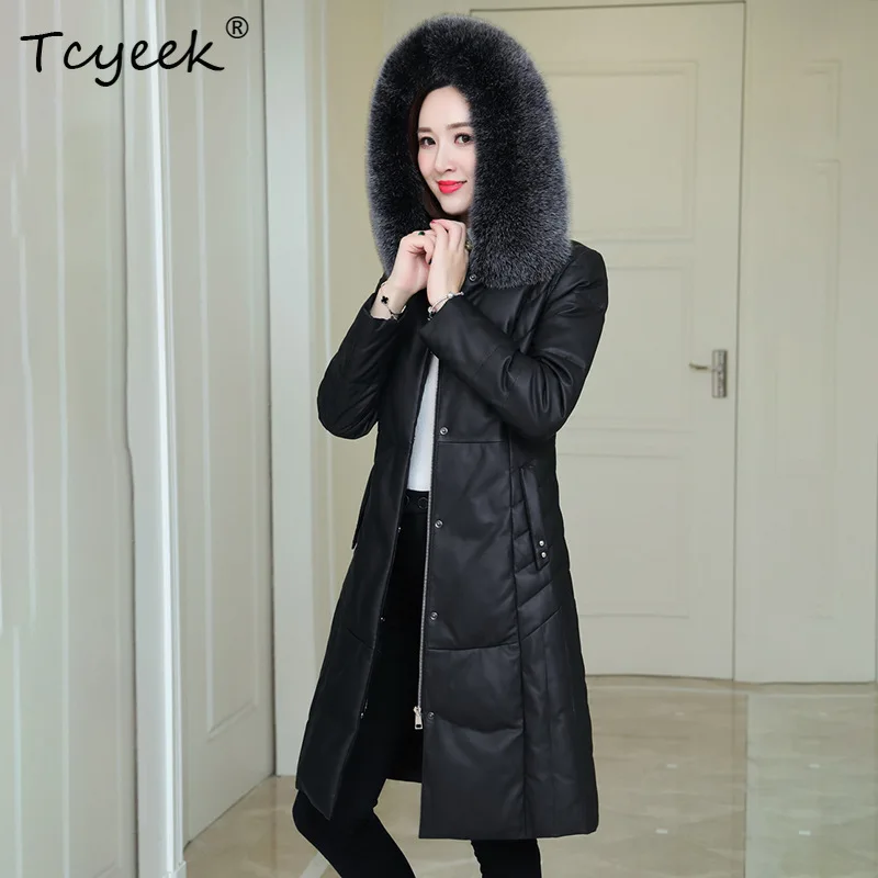 Tcyeek جلد الغنم الخريف الشتاء مقنعين الثعلب الفراء طوق أسود متوسط طويل المرأة سترة جلدية حقيقية Жensarska Kostangnya Kursatka