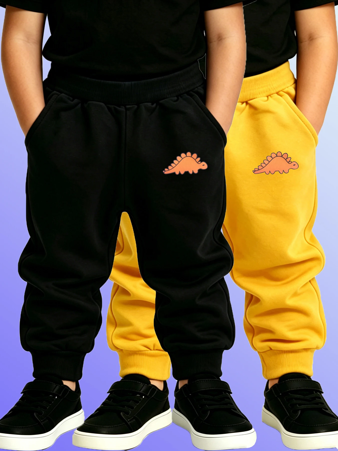 2PCS Kids Dinosaur Print Jogger Sweatpants Black & Yellow Elastic Waist Pants Boys Girls Four Seasons Children's Trousers