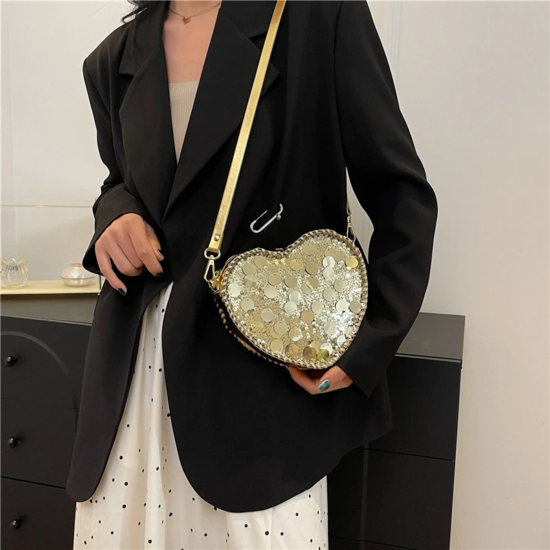 Gold Sequin Heart Shape Crossbody Bag Women Evening Party Clutch Purse Fashion Sparkly Shoulder Handbag With Adjustable Strap view 2