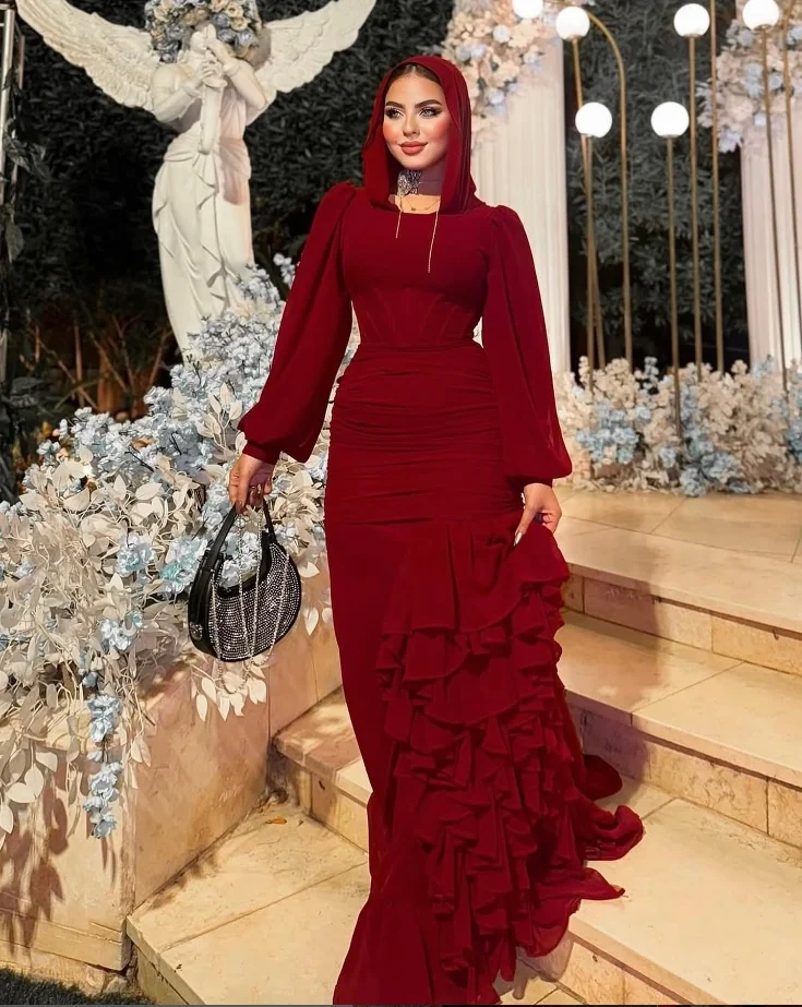 ブルゴーニュシフォンイスラム教徒アラビアイブニングフォーマルドレス長袖シャーリングスカート中東ウエディングドレスカスタマイズジャージービスポーク