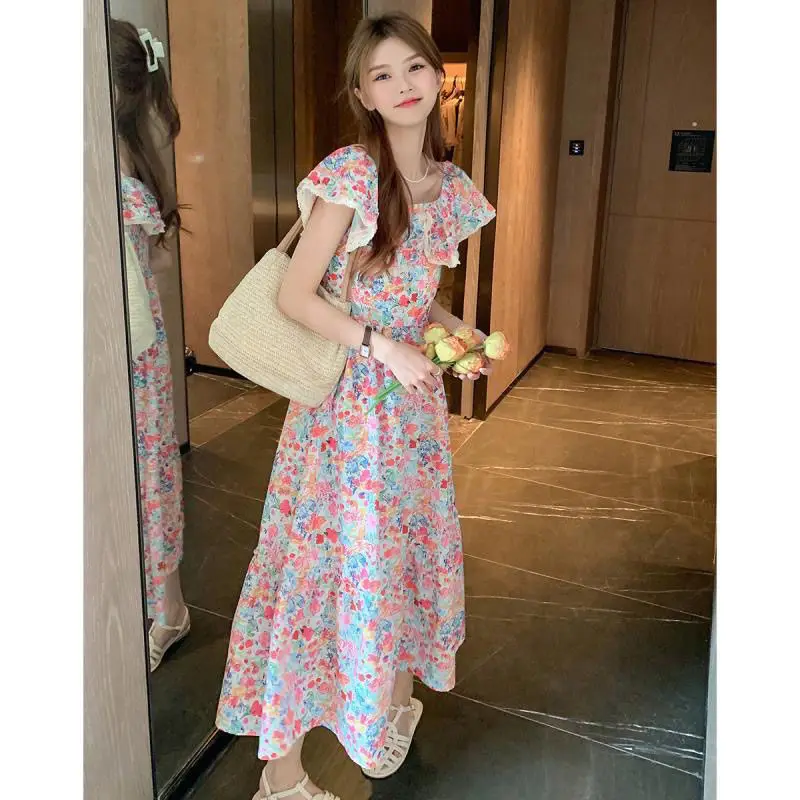 French Heavy Industry Floral Square Collar Lotus Leaf Hem Dress Women Summer  Petite girls Slim A-line Mid length version