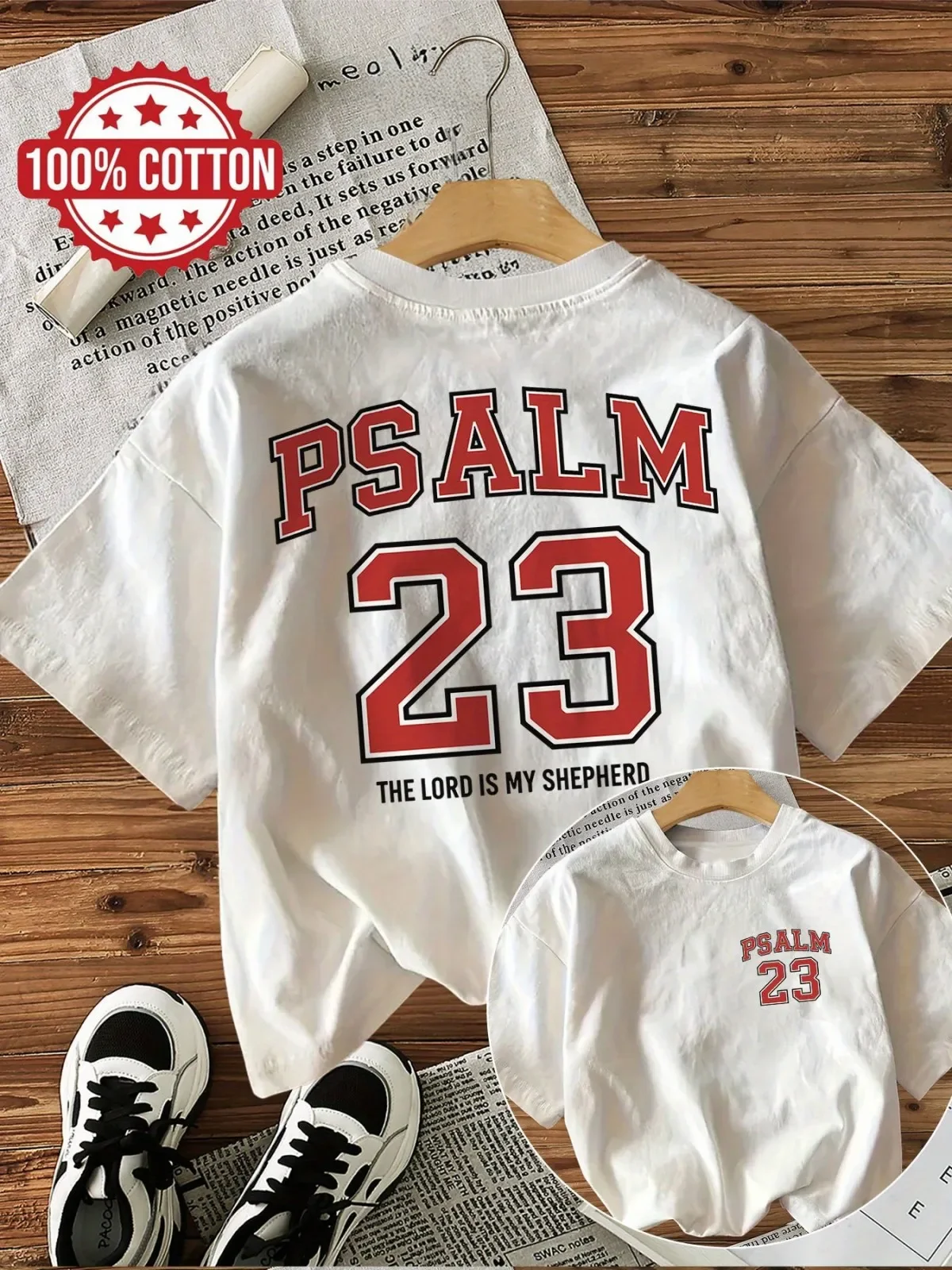 Men's Pure Cotton T-shirt Popular Preppy Style "Jehovah Is My Shepherd" Graphic T-shirt Cool and Casual Pure Cotton Top