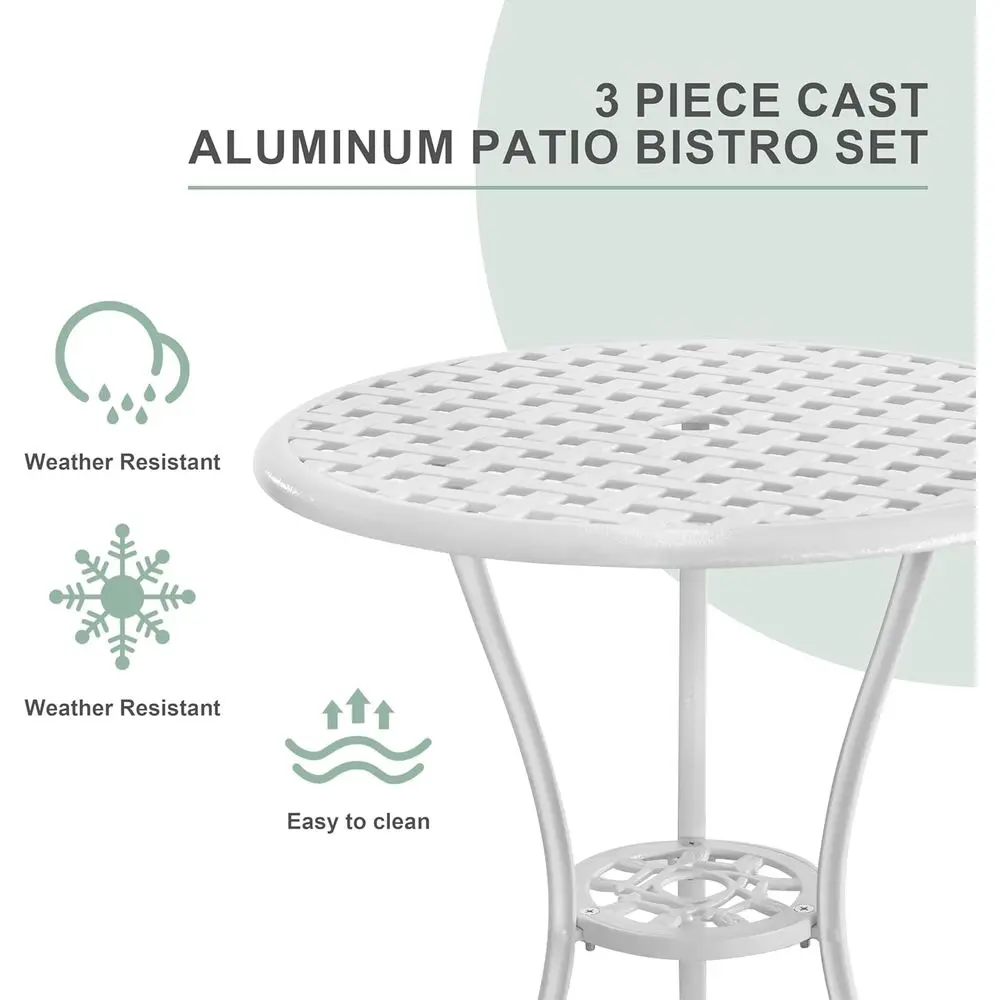 ชุดบิสโทรอลูมิเนียมหล่อขึ้นรูปสีขาวสำหรับใช้งานกลางแจ้ง 3 ชิ้น พร้อมโต๊ะและเก้าอี้ 2 ตัว ทนทานต่อสภาพอากาศ เหมาะสำหรับระเบียงด้านหน้า พร้อมร่ม