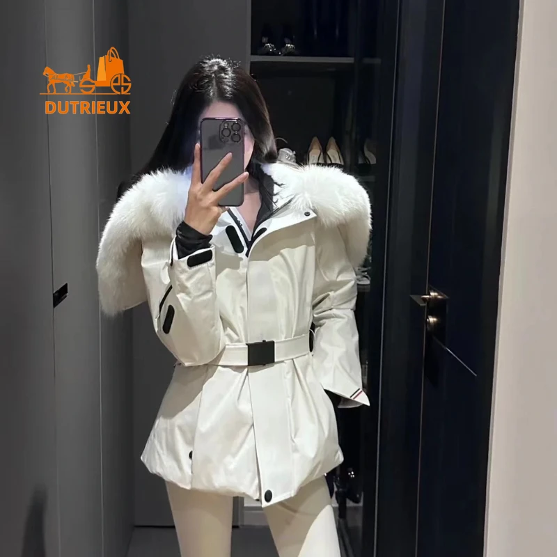 Nowa zimowa kurtka puchowa dla kobiet Luksusowe futro lisa Splicing Genuine Fur Integrated Wool 90%white Goose Down Jacket Ski Suit Coat