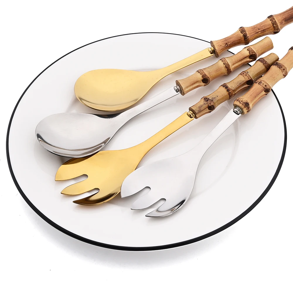 2/4Pcs Long Handle Serving Spork Bamboo Wooden Handle Salad Spoon Fork Stainless Steel Tableware Kitchen Cutlery Set