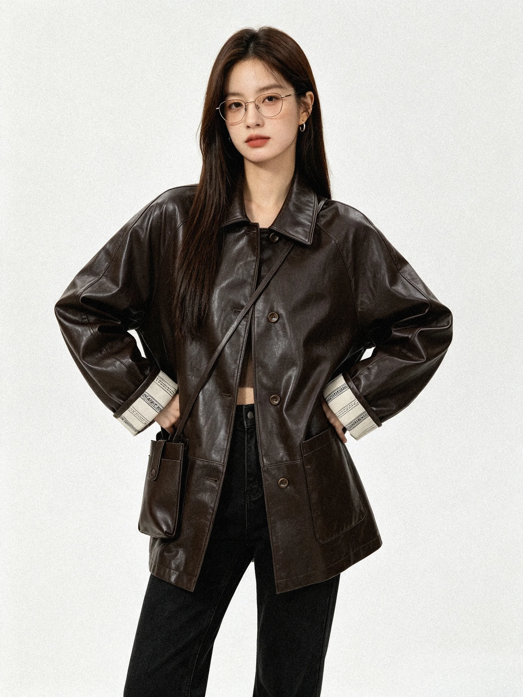 Casual Style Color Block Leather Jacket Loose Fit Collar Overcoat for Women Autumn Season Fashionable Versatile Long Coat
