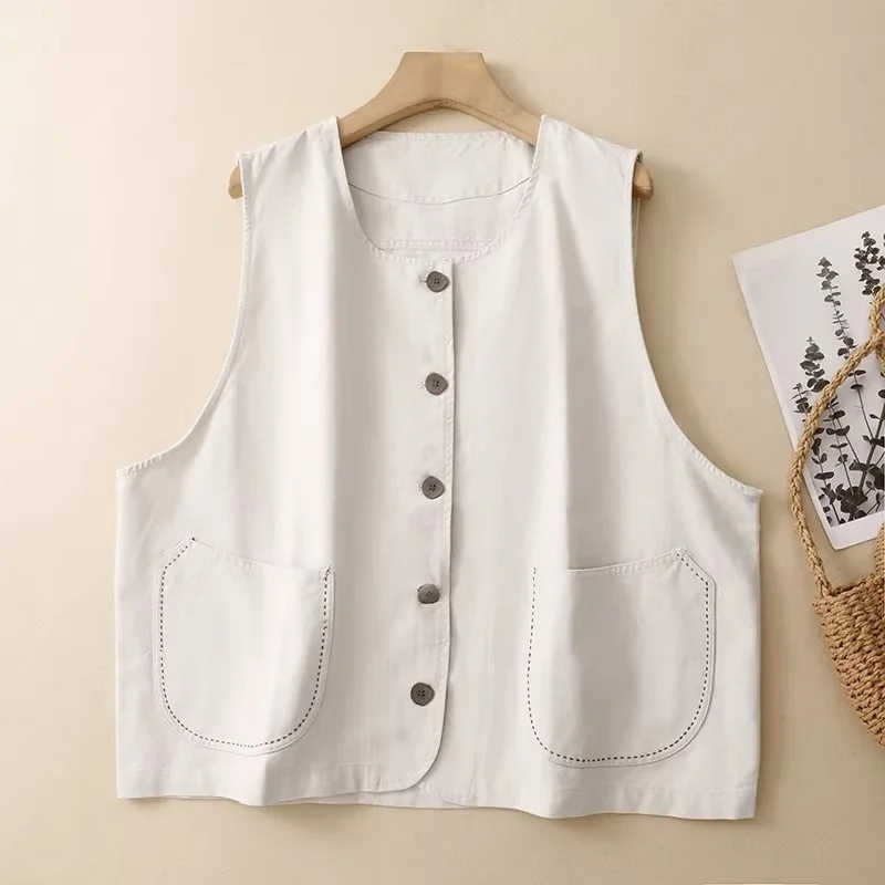 Japanese Style Artistic Embroidery Cotton Linen Cardigan Vest,Women's Loose Layered Spring Summer Top W2224 - view 2