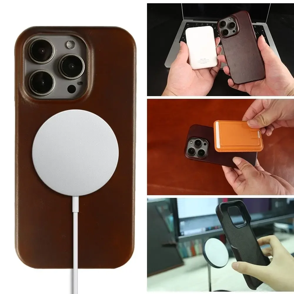 

Magnetic Genuine Leather Case For iphone 16 Pro Max 15Pro 14 13 11 12Pro Wireless Charge Magnet Magsafe Cover Shockproof Coque