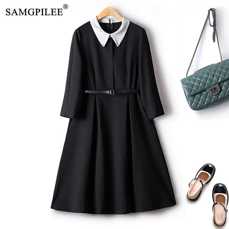 

Autumn Dresses For Women 2022 Classic Elegant Turn Down Collar High Waist Slim Drape Cut Over The Knee Slim Winter Female Dress