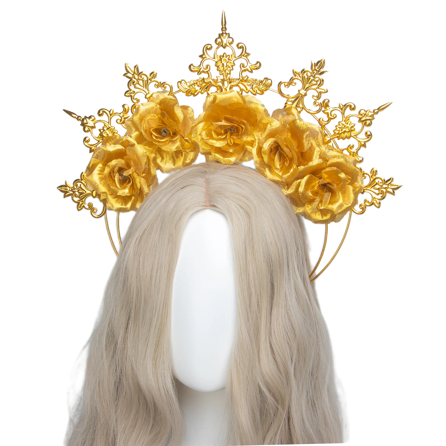 Gold Rose Flower Halo Crown Mary Goddess Festival Queen Crown Tiara Maternity Photo Shoot Headpiece Women Halloween Headband