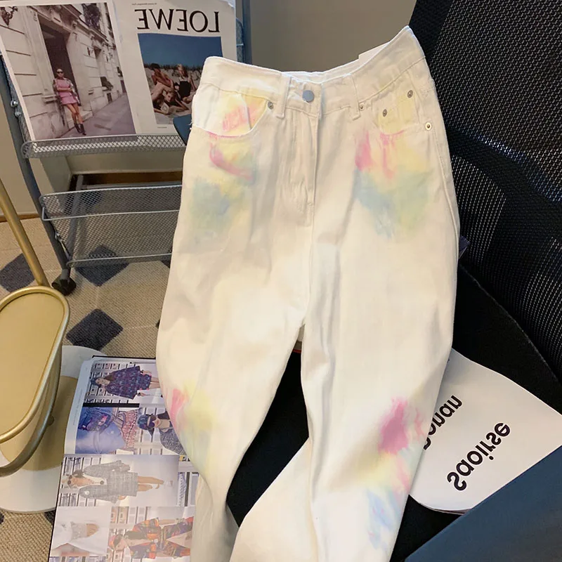 Tie Dyed Straight Jeans for Women 2023 Autumn White Loose Wide Leg Pants Japanese Vintage High Waist Slim Denim Trousers