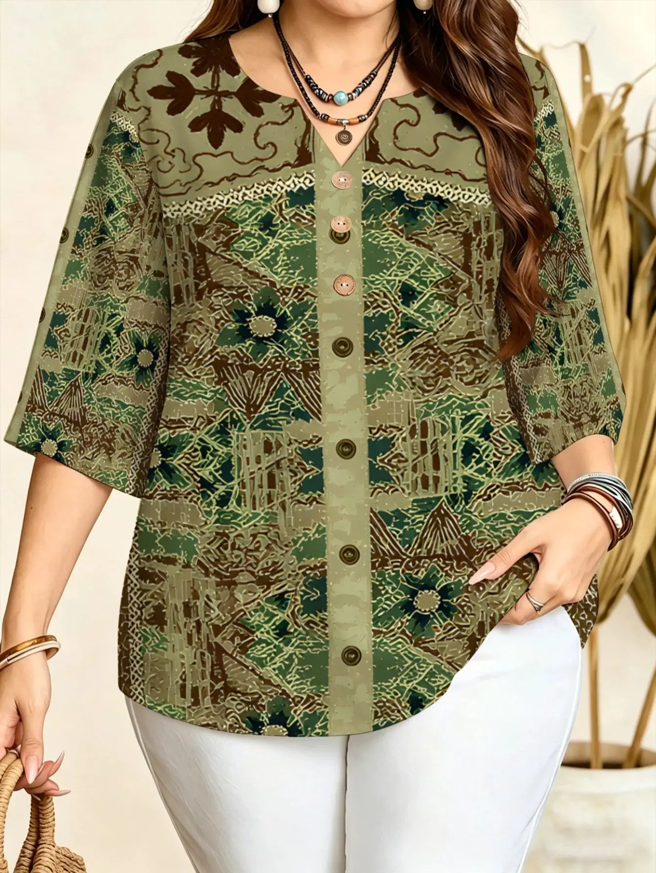 Women Print Blouse Notch V Neck 3/4 Sleeve Casual Shirts Ethnic Floral Stripe Leaf Cherry Marble 5 New Styles Daily  Wear