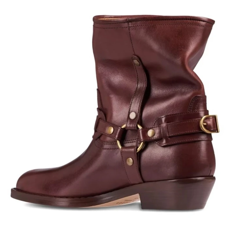 

Retro Genuine Leather Metal Buckle Western Short Boots Round Toe Slip On Block Heels Motorcycle Ridding Boots Black Brown
