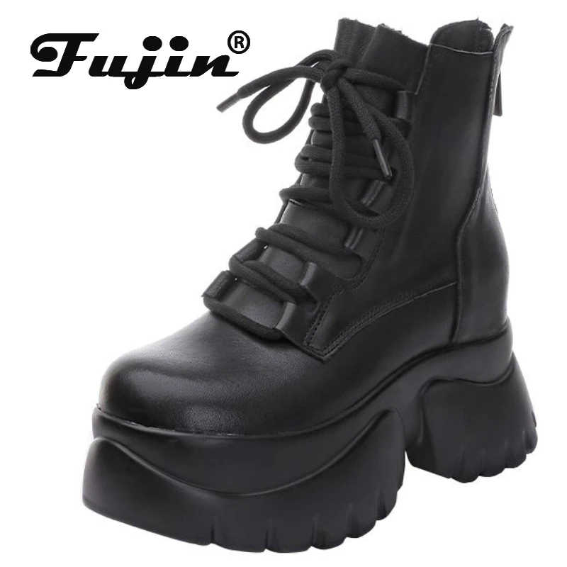 

Fujin 10cm 2024 Genuine Leather Ankle Booties Women Motorcycle Boots Platform Wedge Slip on Spring Autumn Comfy High Heels Shoes