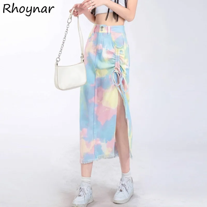 

Tie Dye Skirts Women Summer Korean Clothing Shirring Side-slit Colorful Fur-lined Casual All-match Daily High Street Y2k Chic