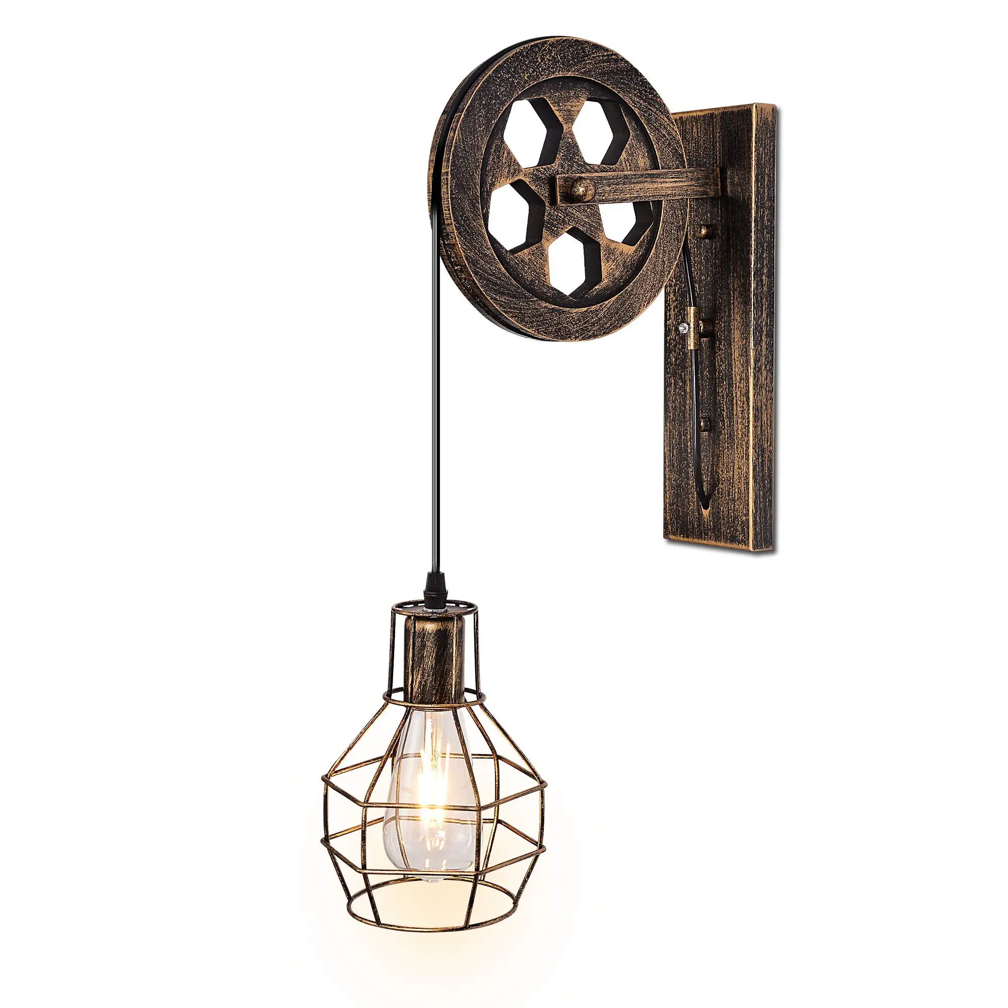 Iron Wall Light Industrial Retro E27 Wall Lamp Loft Pulley Wall Sconce 1 Light for Living Room Dining Room Bar Rust Colour