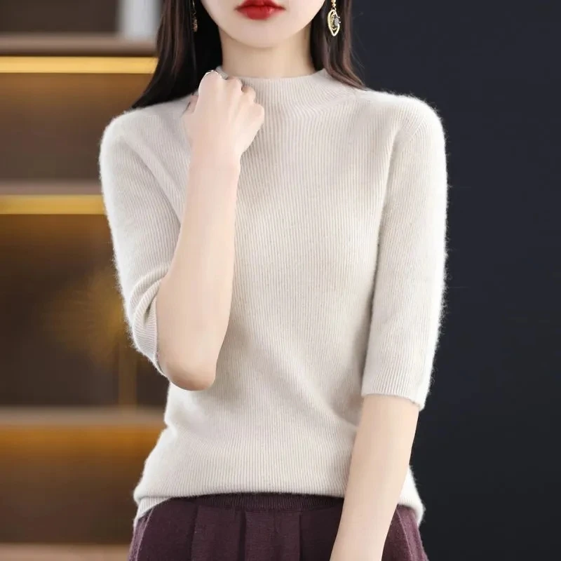 2024 Spring Knitted Tops Women Short Sleeve T Shirt Autumn Winter Turtleneck Pullovers T-shirt Tee Shirt Femme Tshirt Knitwear