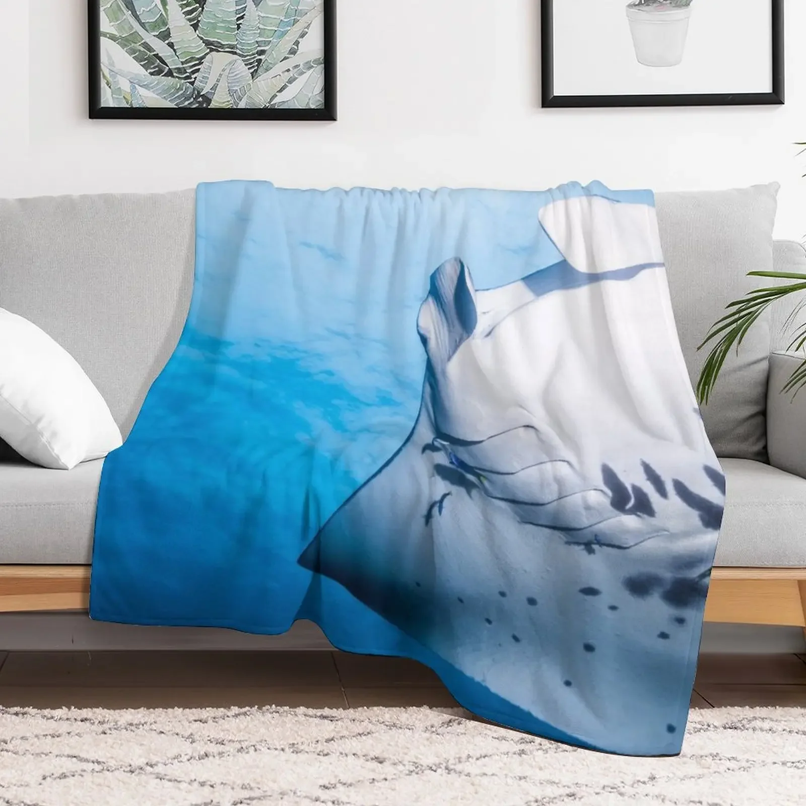 Cute Manta ray swimming in the blue ocean Throw Blanket Multi-Purpose Tourist Blankets