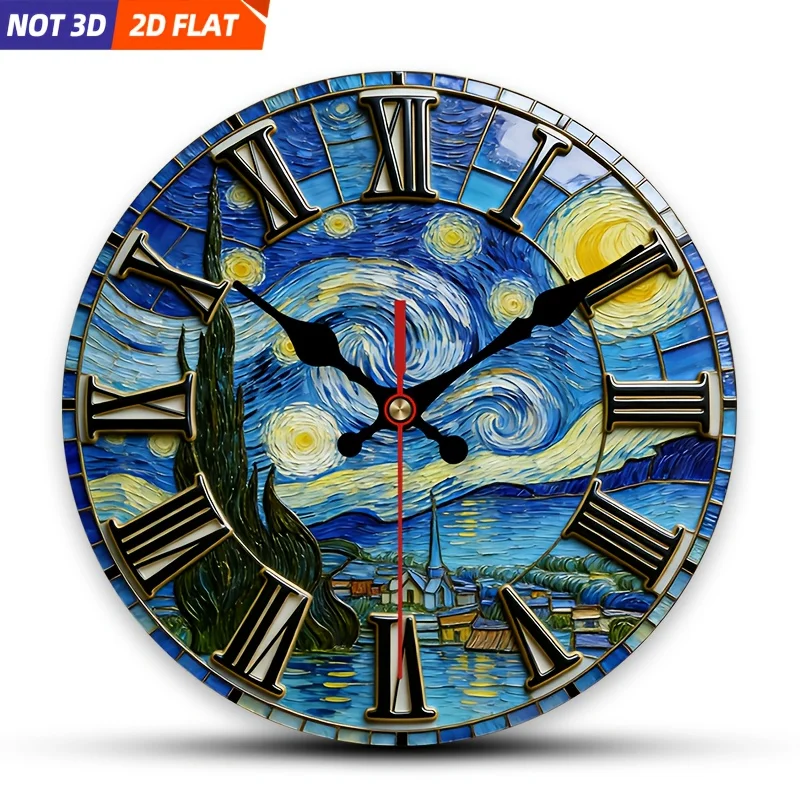 2D Flat. 1pc. Van Gogh Starry Night Themed Wall Clock, Silent Decorative Clock, Creative Wall Clock, Decoration Suitable for Bed