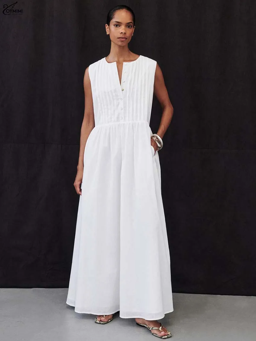 

Oymimi Casual White Cotton Dresses 2025 Woman Fashion O-Neck Sleeveless Button Dresses Elegant High Waist Ankle-Length Dress