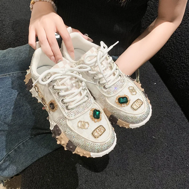 Women Shoes Rhinestone Women Sneakser Diamond Breathable Luxury Designers Casual Thick Bottoms Dad Shoes Zapatos Mujer 2024