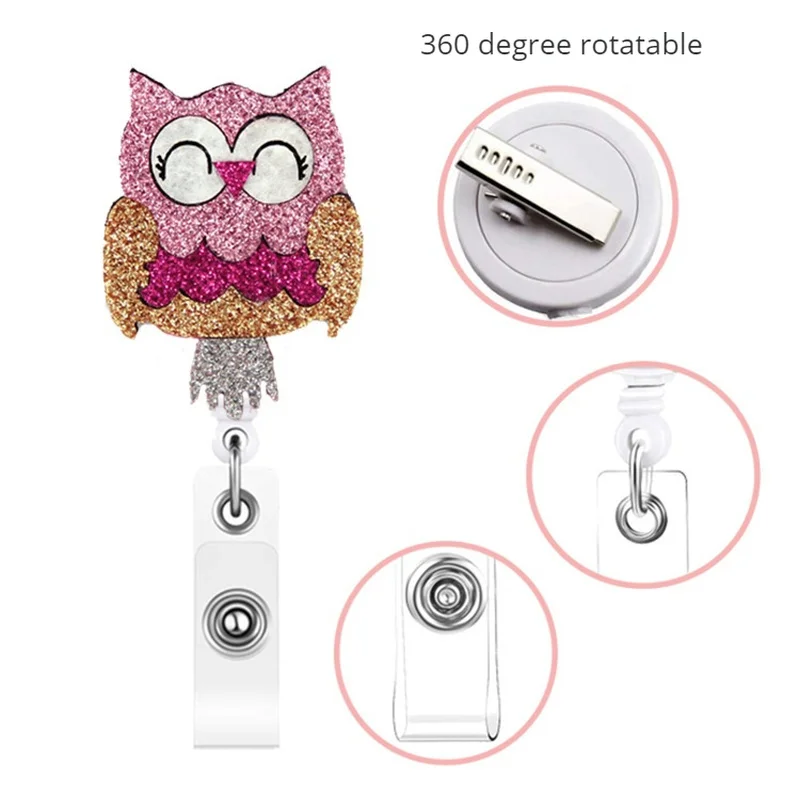 Glitter Powder Badge Reel Owl Pattern Flet Easy Pull Work Card Clip Retractable Rotatable Name ID Badge Holder Reels