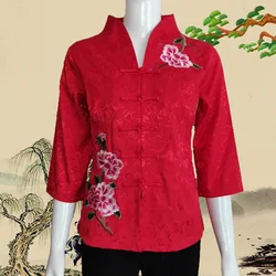 New Year Hanfu Qipao Top Women Tang Clothes Tradition Embroider Chinese Style Cheongsams Coat Flower Vintage Button Down Jacket