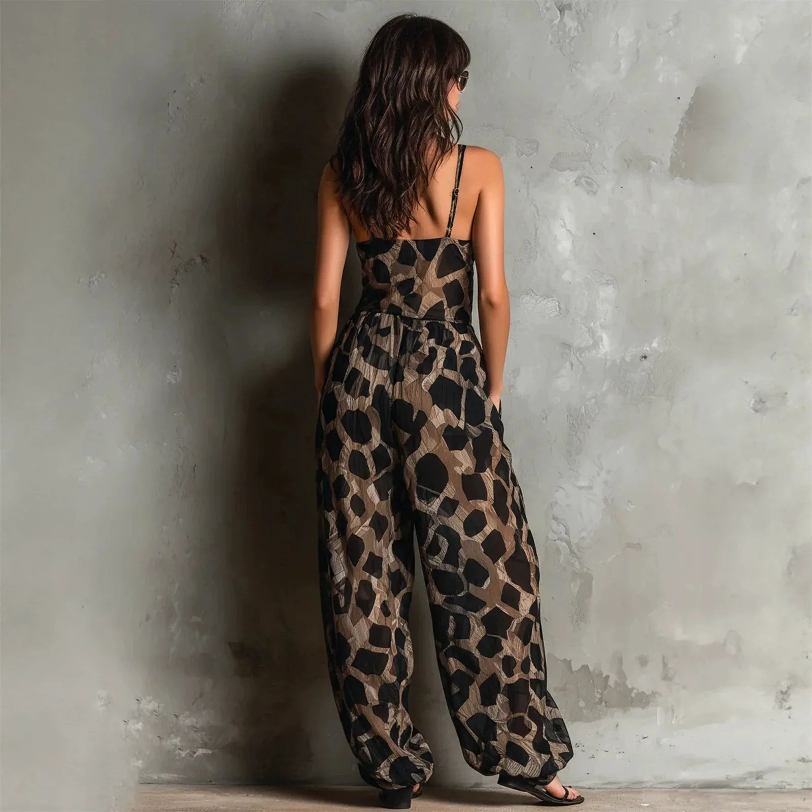 Retro Leopard Print Deep V Twisted Suspender Jumpsuit Loose Drapey Wide Leg Slimming Resort Style Long Jumpsuit