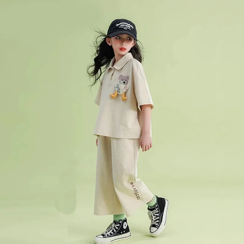 

Girls Casual Suits Summer New Style Cartoon Short Sleeve Fashionable Wide Leg Pants Two Piece Suit