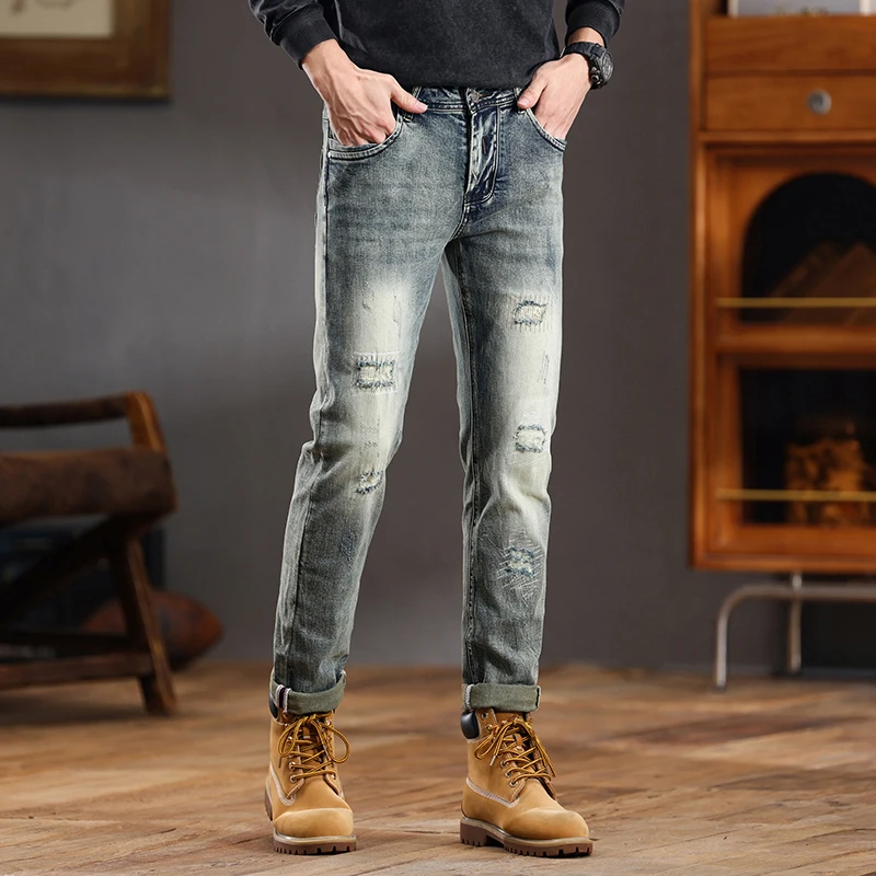 

European and American retro distressed jeans men's slim fit small feet ripped casual pants skinny denim jeans streetwear men