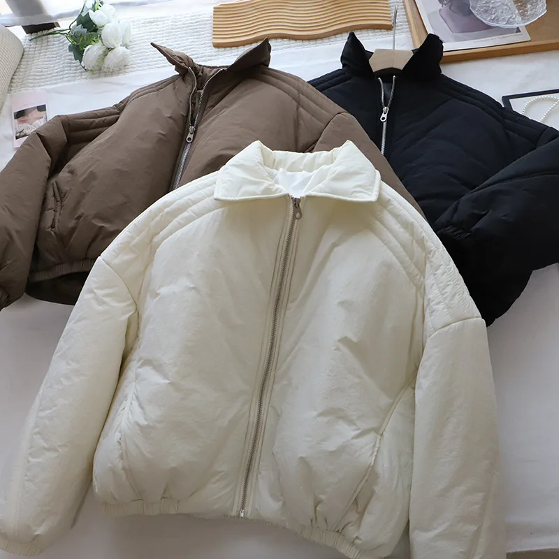 Fashion Turn Down Collar Short Cotton Coat Women's New Solid Color Long Sleeve Thickened Jackets Loose Versatile Warm Outerwear