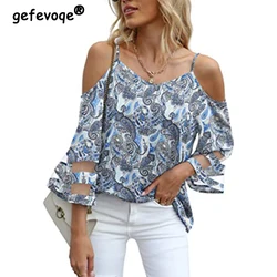 Women Sexy Off Shoulder Mesh Patchwork Blouses Summer Trendy V Neck 3/4 Sleeve Loose Shirts Vintage Paisley Print Blusas Mujer