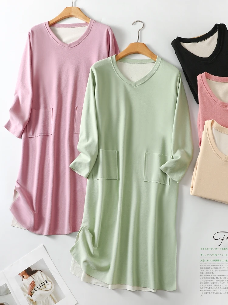 Thickened Long Sleeve V-Neck Mid-Length Dress Women's Sleepwear Pure Cotton Home Clothes Warm And Comfortable Winter Nightgown