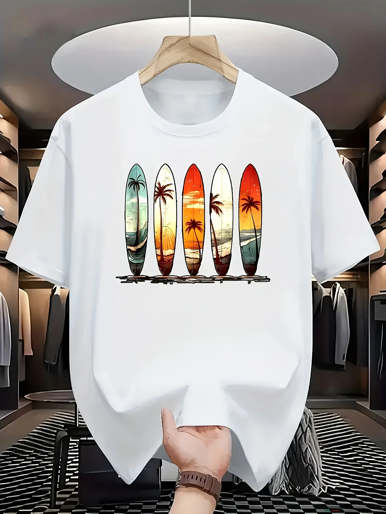 Summer 100% Pure Cotton Men's Fashionable Casual Surfboard and Palm Tree Pattern Printed Loose Round Neck Short Sleeved T-Shirt