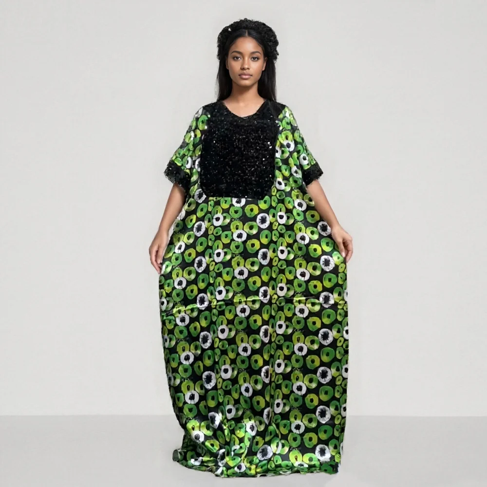 

2025 New Fashion Middle Eastern Glitter Style Loose Pocket Robe African Print Elegant Ladies Plus Size Party Dress