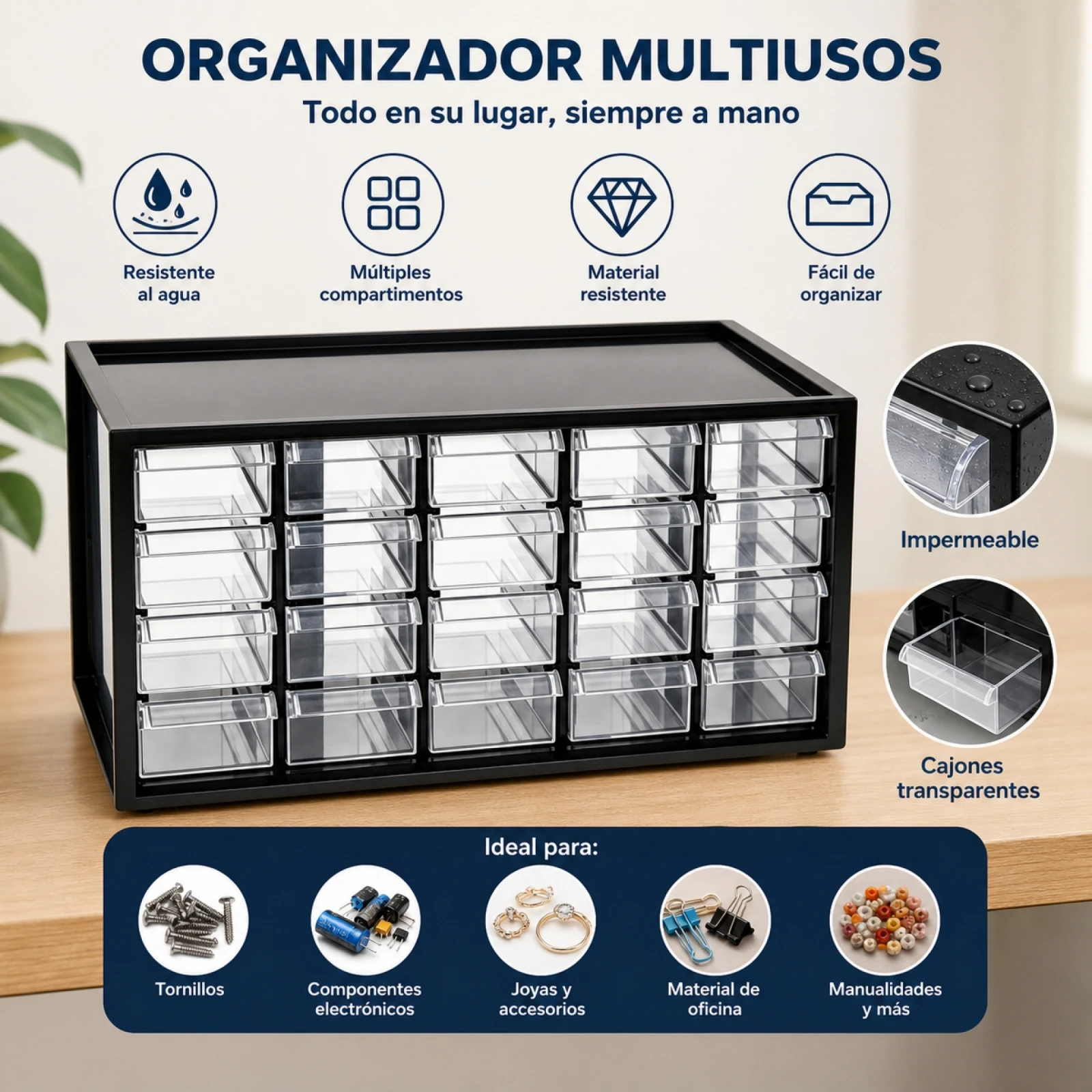 Cajonera transparente multiusos de 20 compartimentos, caja organizadora de plástico PP negro, ideal para herramientas y artículos de manualidades, cajones para piezas de escritorio, apta para el hogar y la oficina, tamaño 38×15,5×19,5 cm